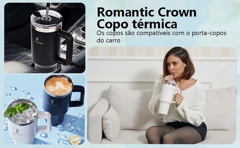 ROMANTIC CROWN Copo Térmico Inox Portátil 1200ml/1.2L Garrafa Térmica Inoxidável com Tampa e Canudo 1704323732